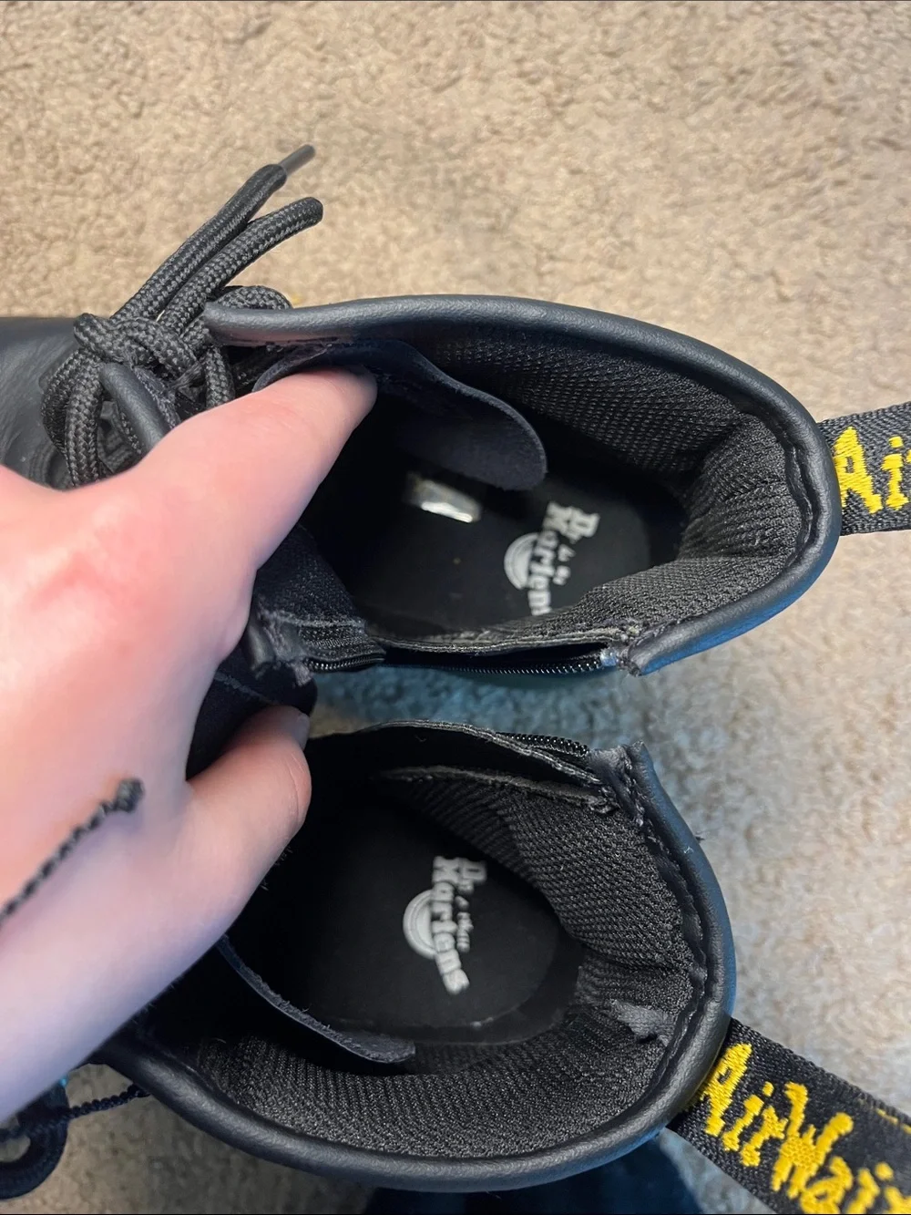 Dr. Martens Black Leather Lace-Up Combat Boots with Yellow Stitching